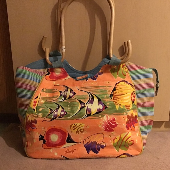 Anne Ormsby “ Surviving Stress” Carribean Themed Tote Bag with Bamboo Handlea - Picture 2 of 11